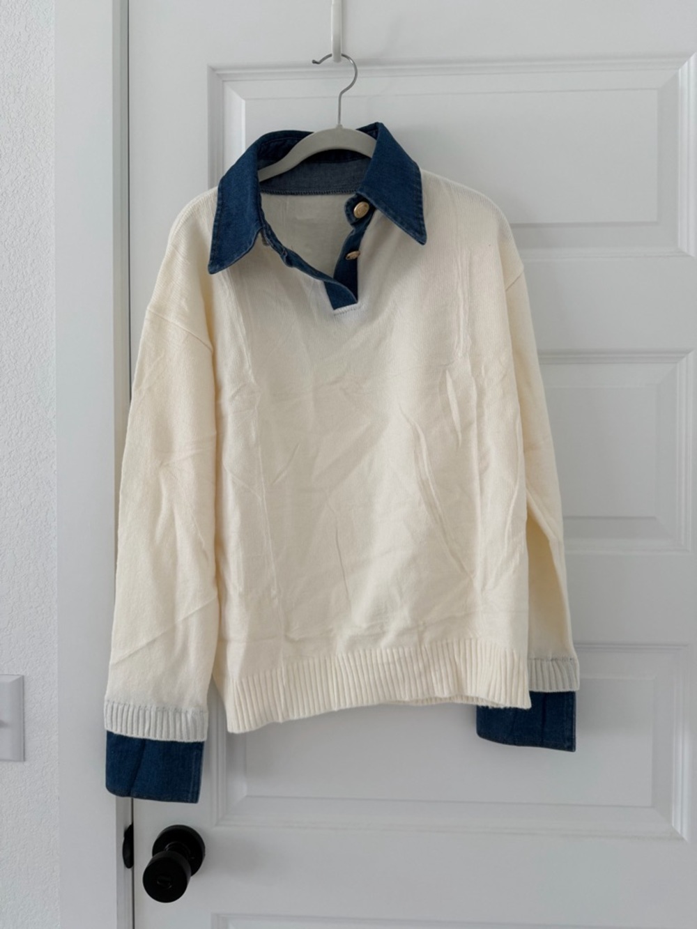 Amazon Cream Sweater with Blue Denim Collar and Cuffs